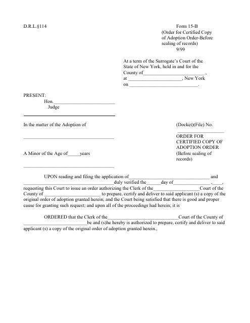 Form 15-B Order for Certified Copy of Adoption Order (Before Sealing of Records) - New York