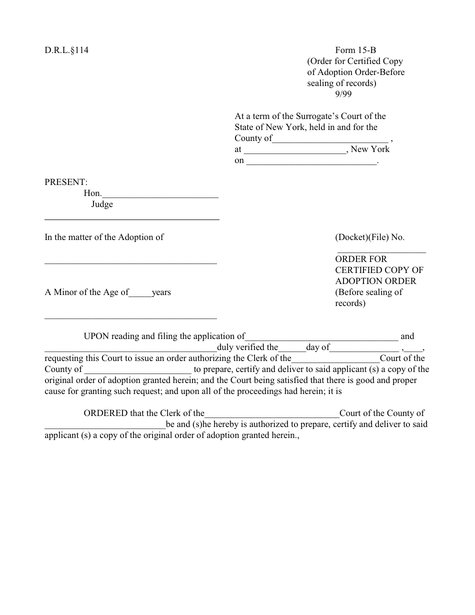 Form 15-B Order for Certified Copy of Adoption Order (Before Sealing of Records) - New York, Page 1