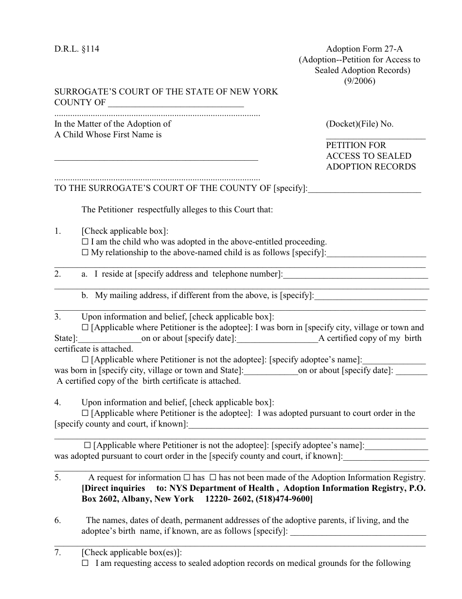 Form 27-A Petition for Access to Sealed Adoption Records - New York, Page 1