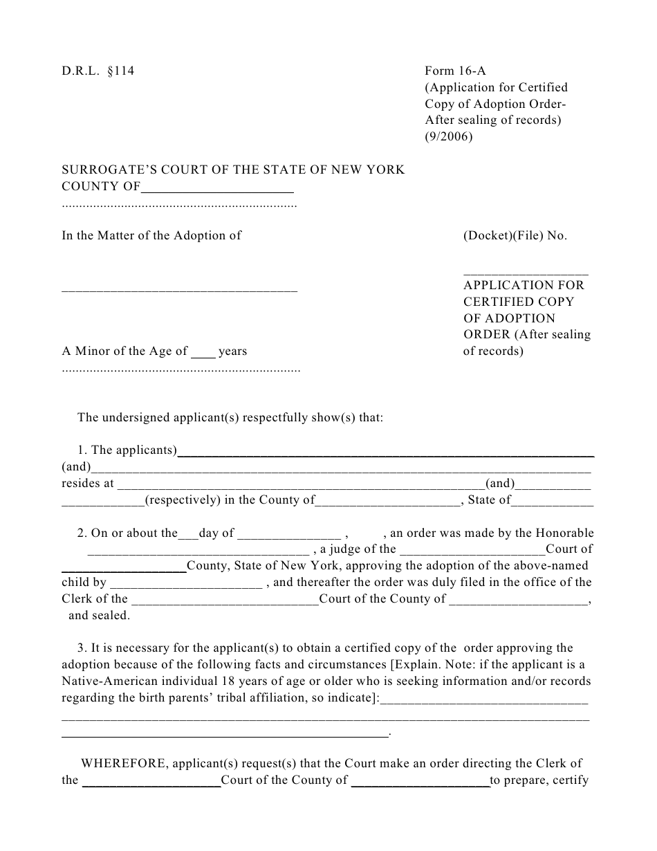 Form 16-A Application for Certified Copy of Adoption Order - New York, Page 1