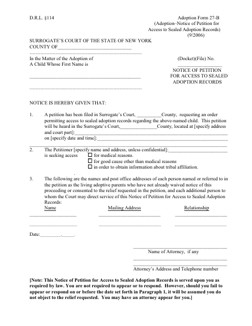 Form 27-B Notice of Petition for Access to Sealed Adoption Records - New York