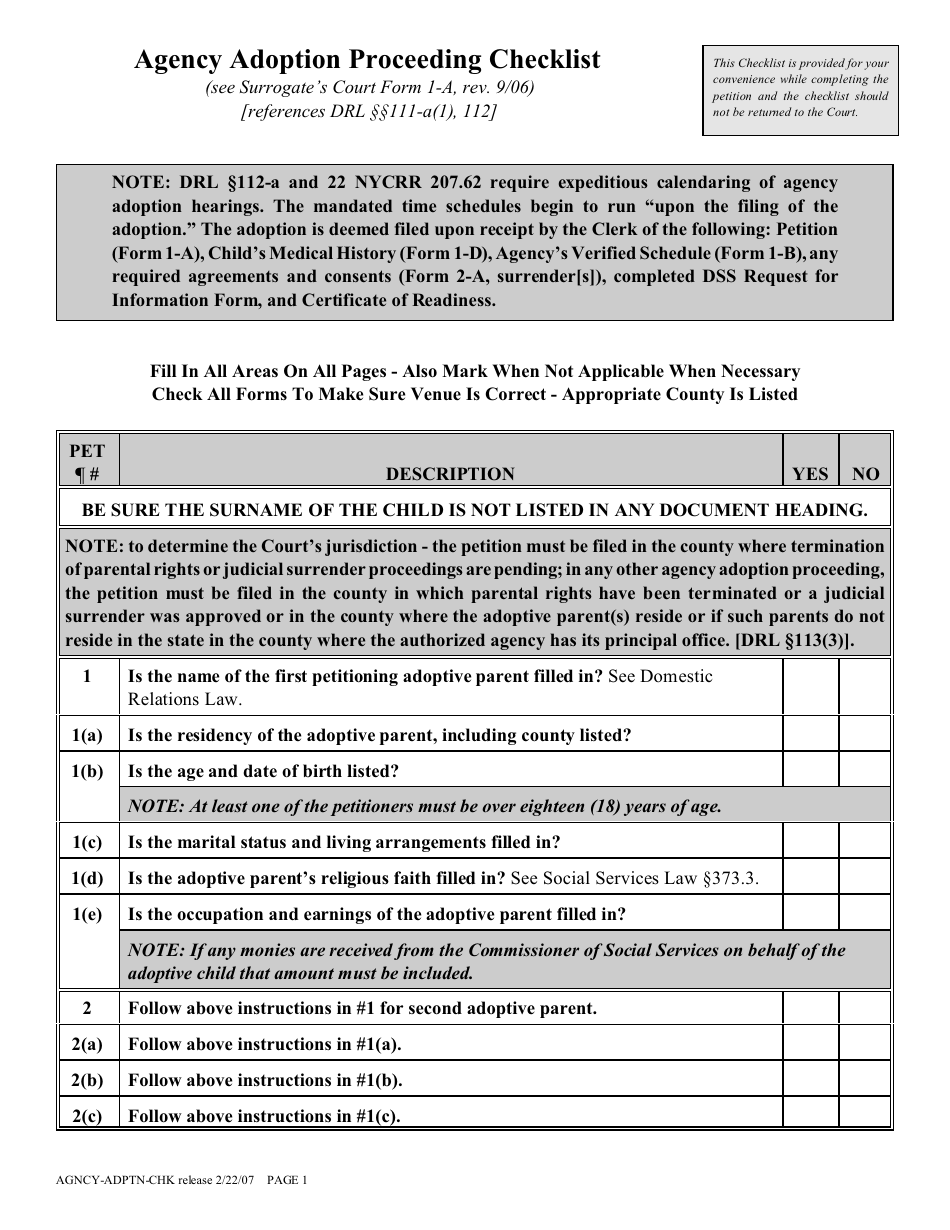 New York Agency Adoption Proceeding Checklist Fill Out, Sign Online