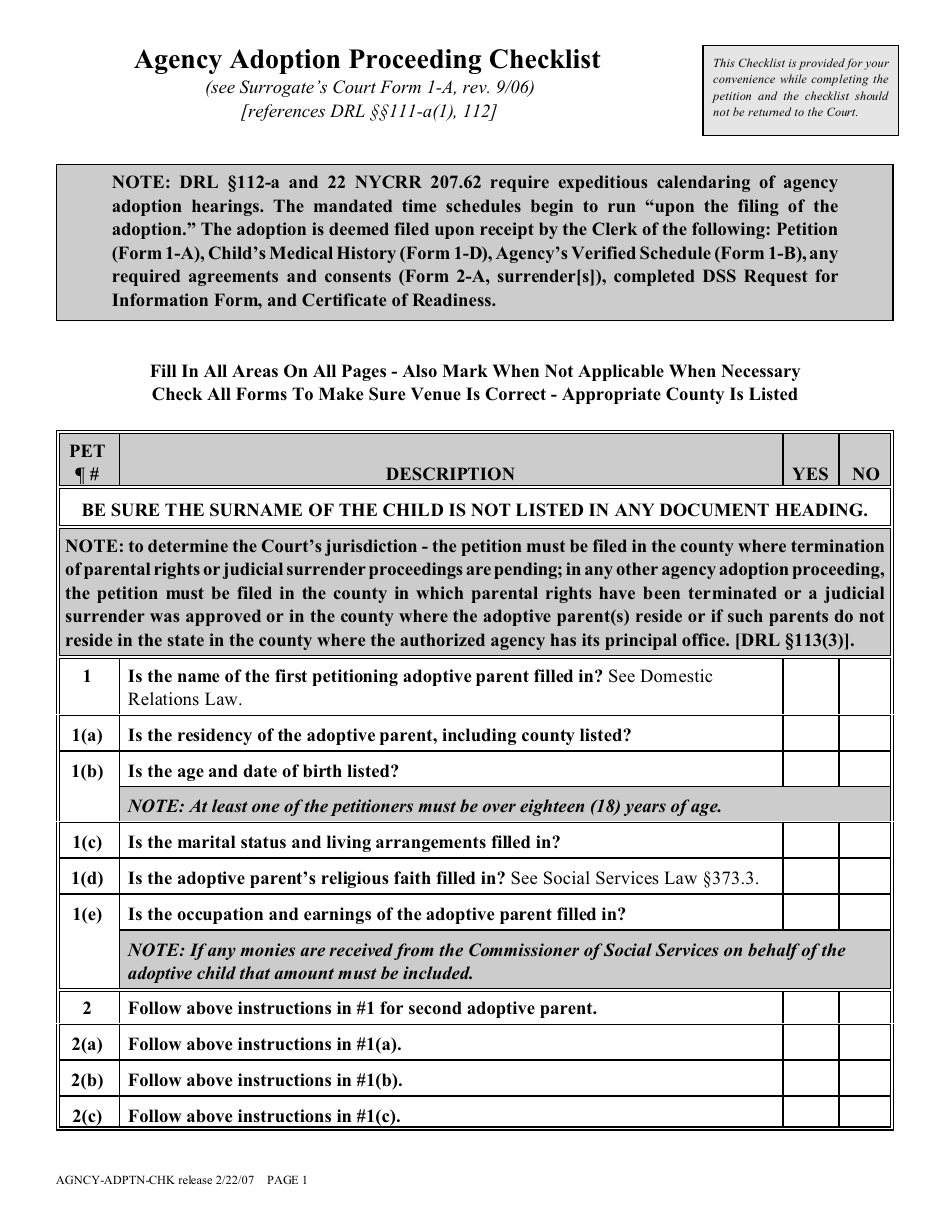 Agency Adoption Proceeding Checklist - New York, Page 1