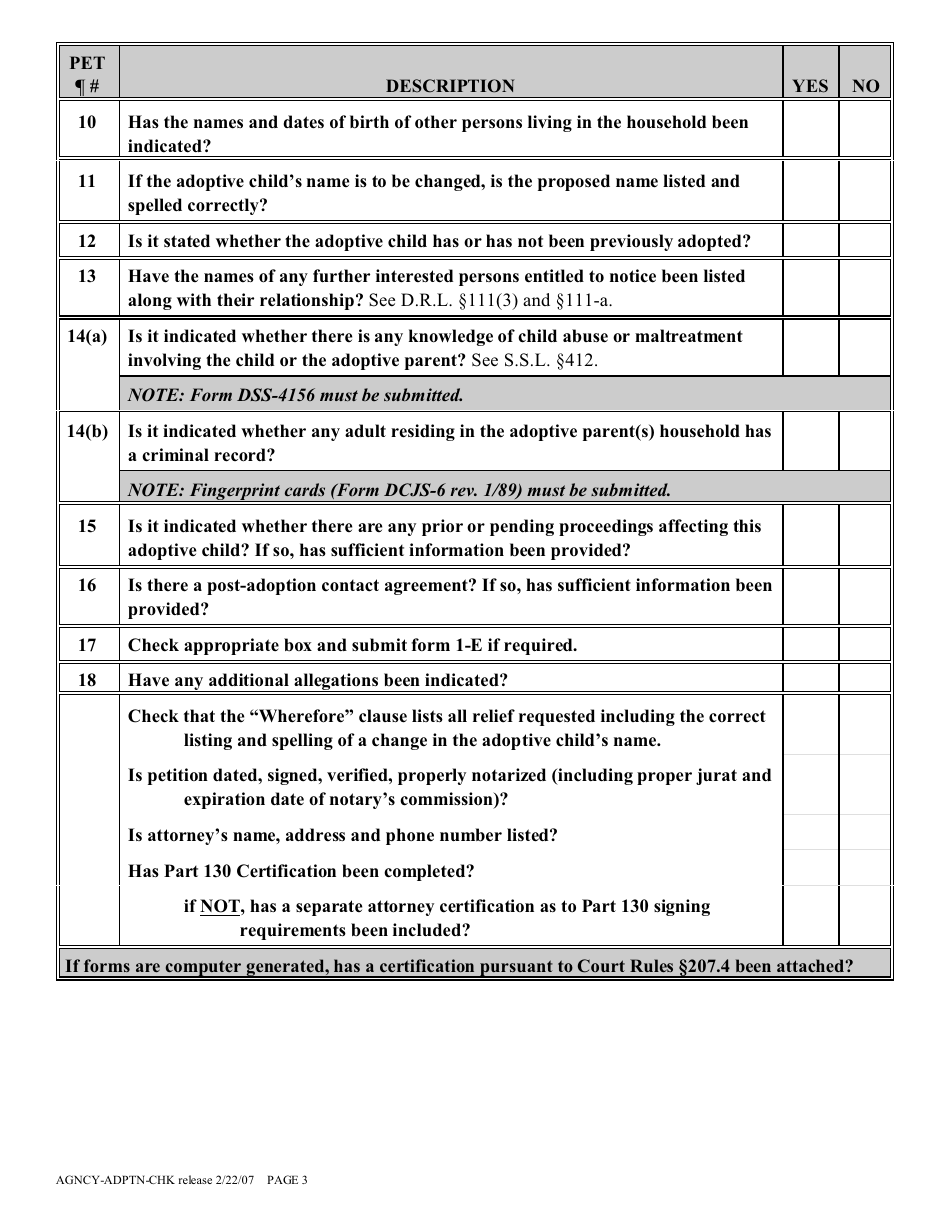 Agency Adoption Proceeding Checklist - New York, Page 3