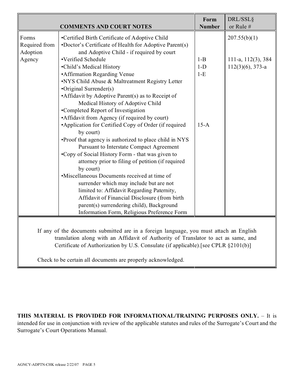 Agency Adoption Proceeding Checklist - New York, Page 5