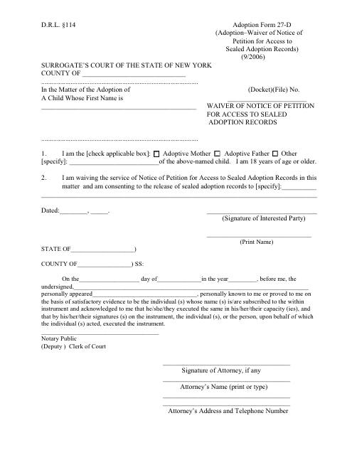Form 27-D Waiver of Notice of Petition for Access to Sealed Adoption Records - New York