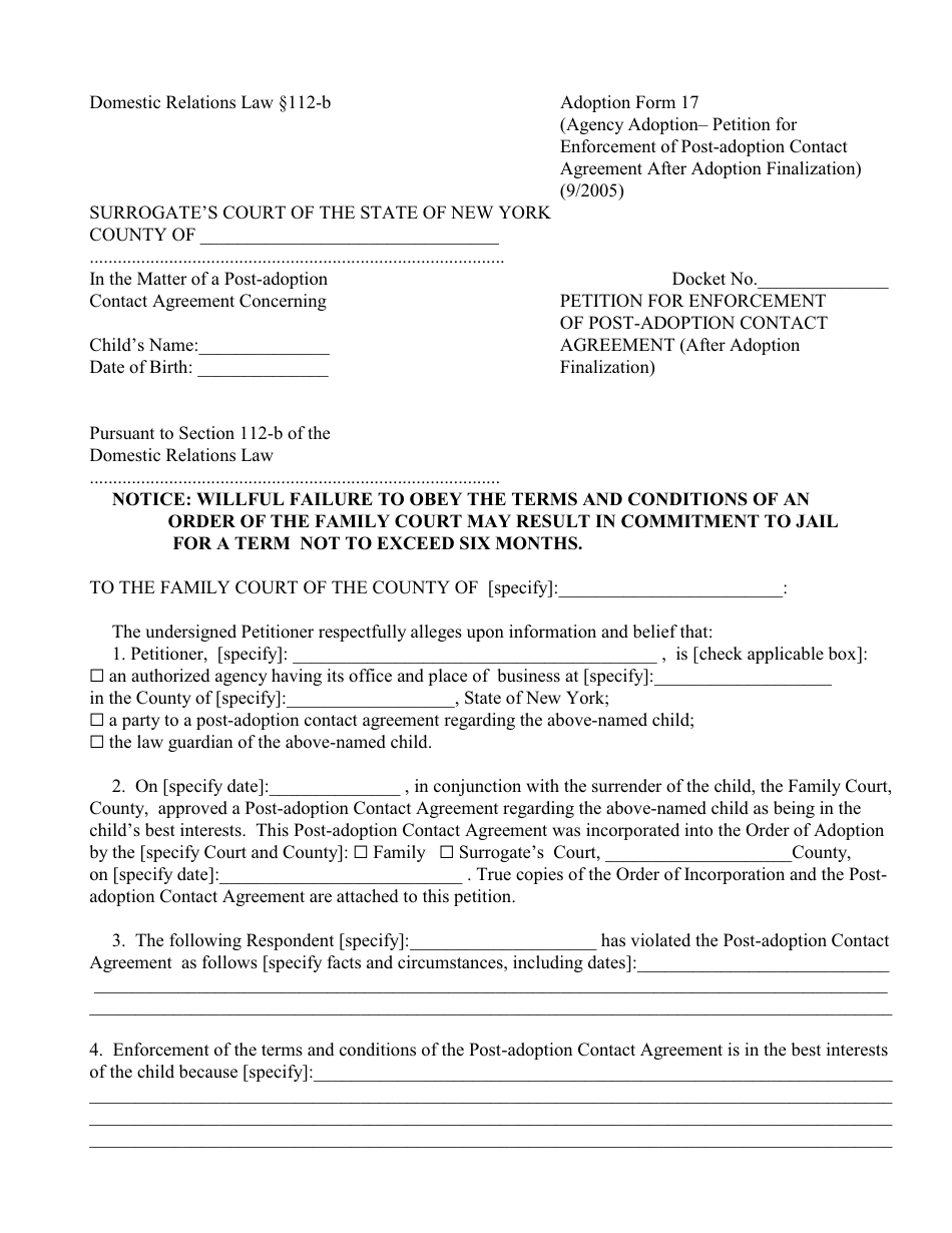 Form 17 Petition for Enforcement of Post-adoption Contact Agreement - After Adoption Finalization - New York, Page 1