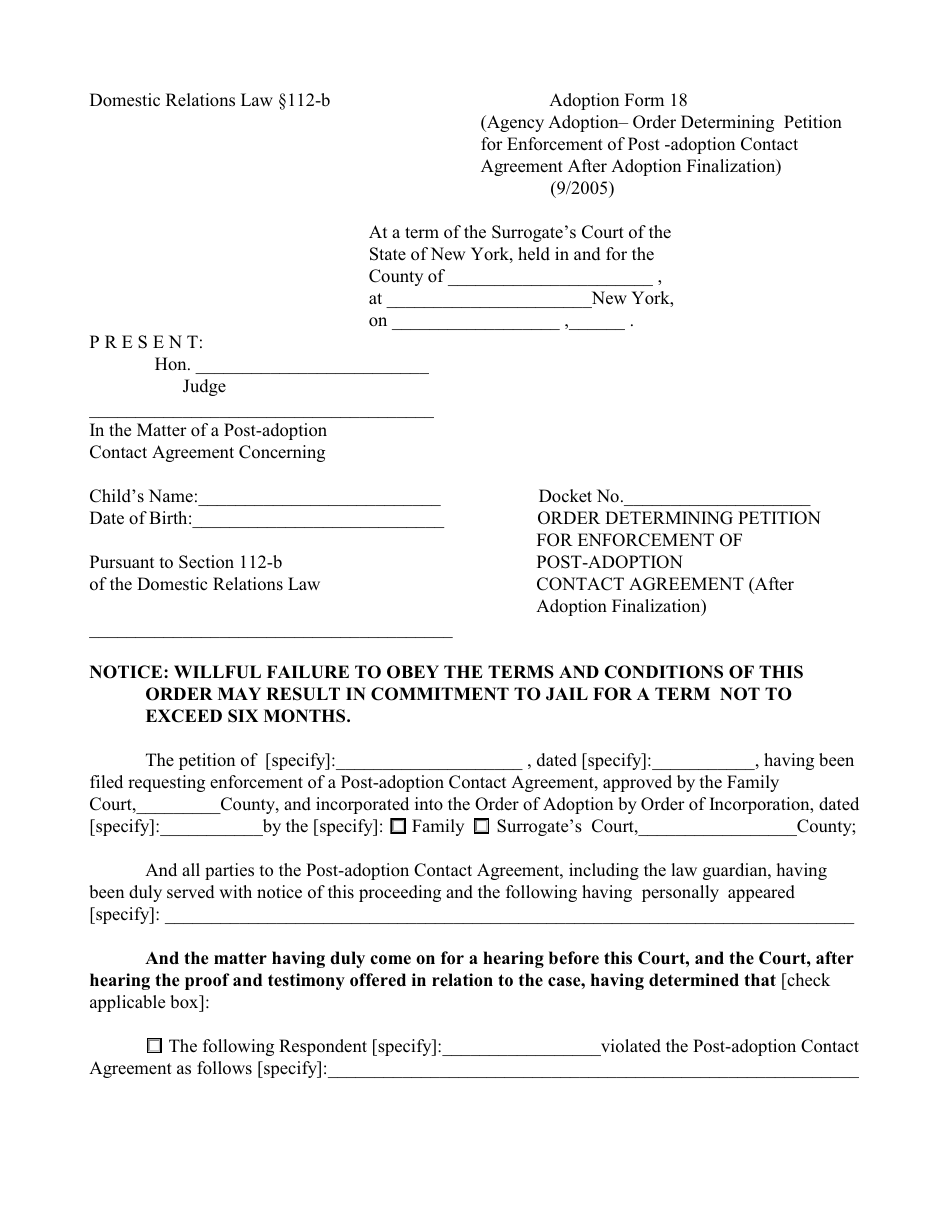 Form 18 Order Determining Petition for Enforcement of Post-adoption Contact Agreement After Adoption Finalization - New York, Page 1