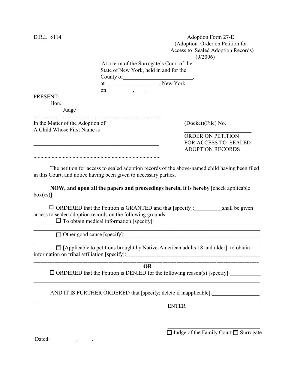Form 27-E Order on Petition for Access to Sealed Adoption Records - New York, Page 1