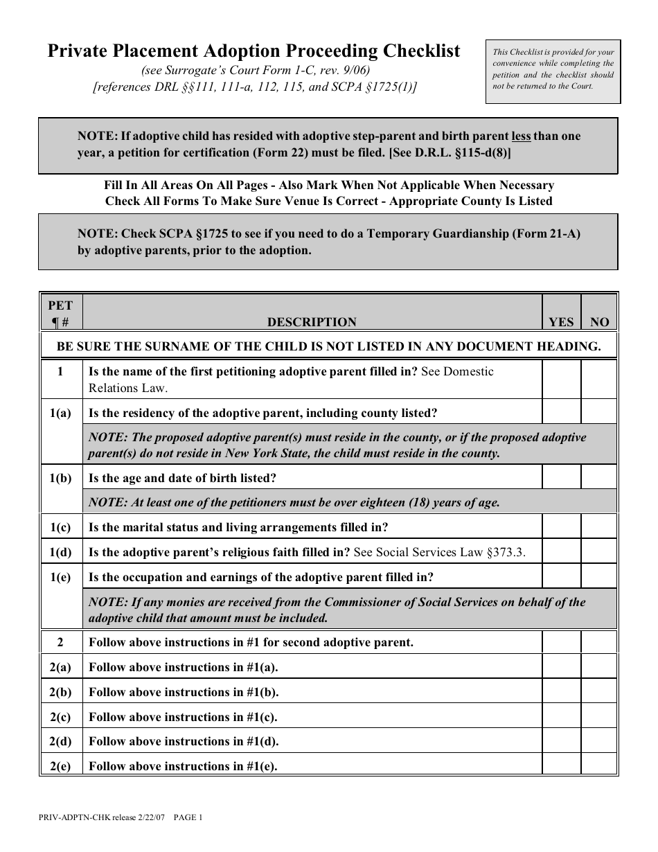 Private Placement Adoption Proceeding Checklist Form - New York, Page 1