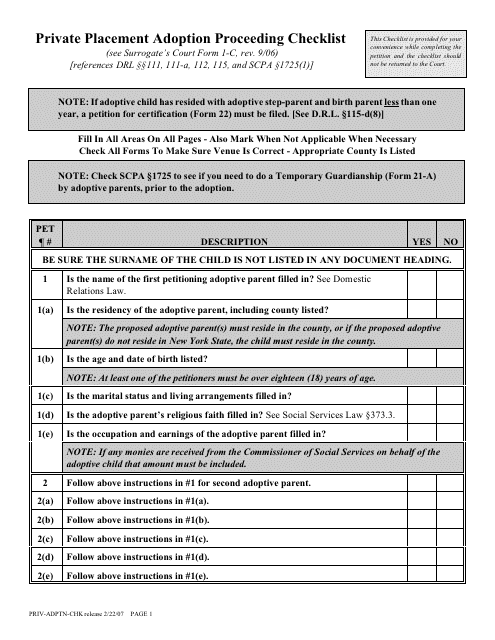 Private Placement Adoption Proceeding Checklist Form - New York Download Pdf