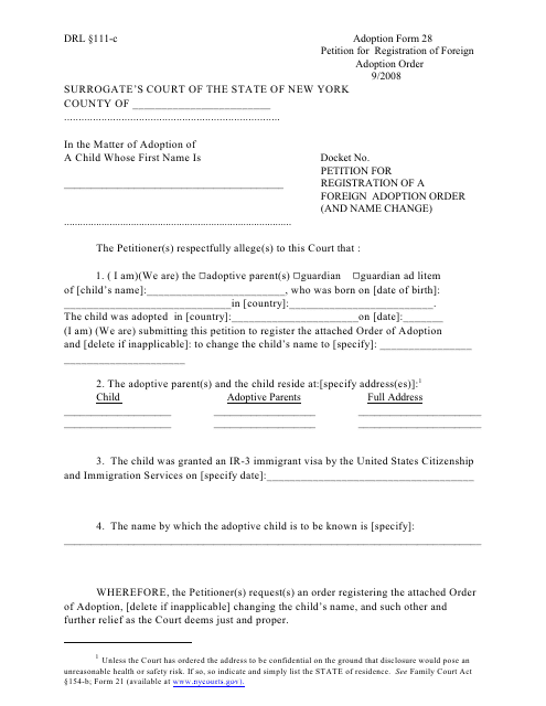 Form 28 Petition for Registration of a Foreign Adoption Order - New York