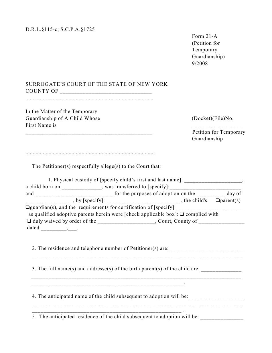 Form 21-A Petition for Temporary Guardianship - New York, Page 1
