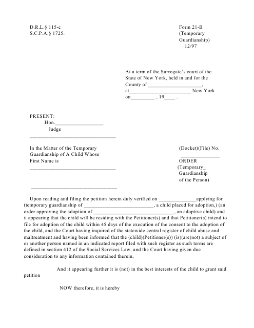 Form 21-B Order (Temporary Guardianship of the Person) - New York