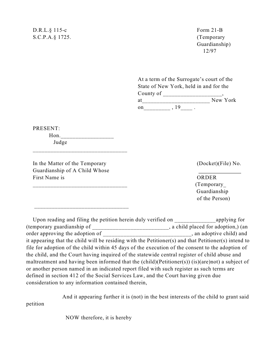 Form 21-B Order (Temporary Guardianship of the Person) - New York, Page 1
