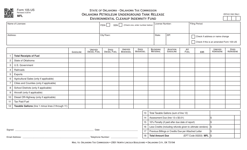 OTC Form 105-US Oklahoma Petroleum Underground Tank Release Environmental Cleanup Indemnity Fund - Oklahoma, Page 1