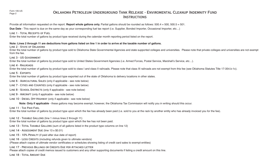 OTC Form 105-US Oklahoma Petroleum Underground Tank Release Environmental Cleanup Indemnity Fund - Oklahoma, Page 2