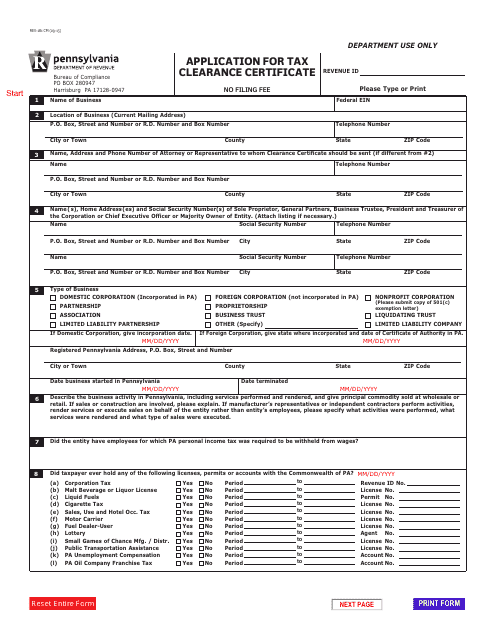 Form REV-181 CM Application for Tax Clearance Certificate - Pennsylvania