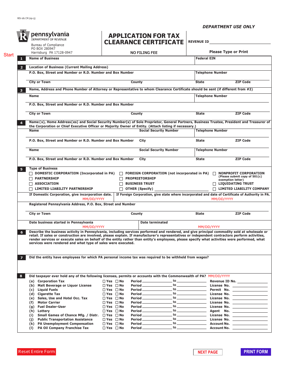 Form REV-181 CM Application for Tax Clearance Certificate - Pennsylvania, Page 1