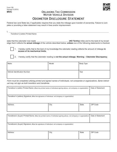 OTC Form 729 Odometer Disclosure Statement - Oklahoma