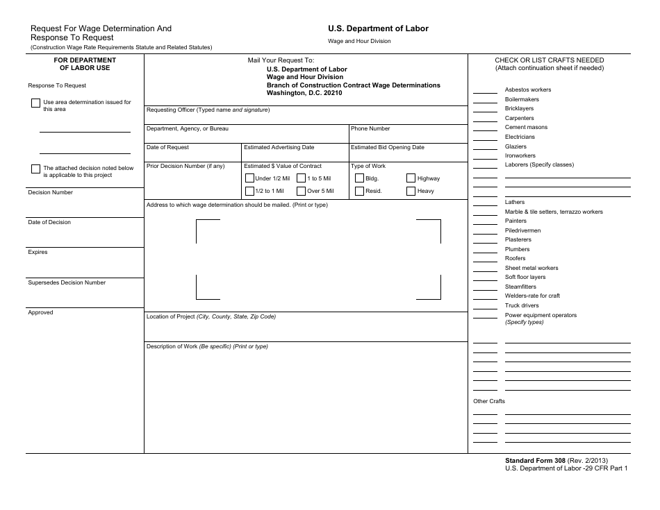 Form SF-308 Request for Wage Determination and Response to Request, Page 1