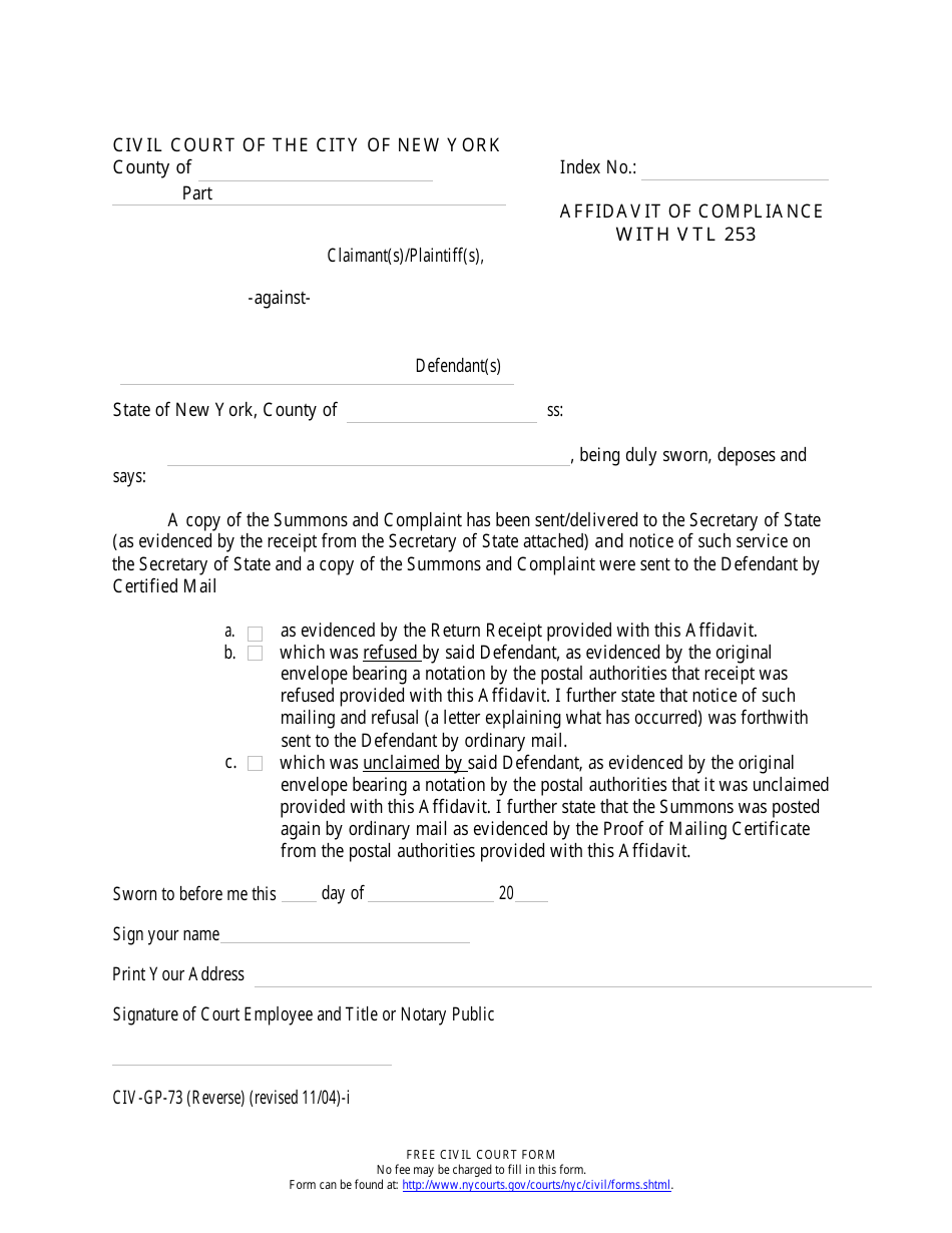 Form CIV-GP-73-I Affidavit of Compliance With Vtl 253 - New York City, Page 1