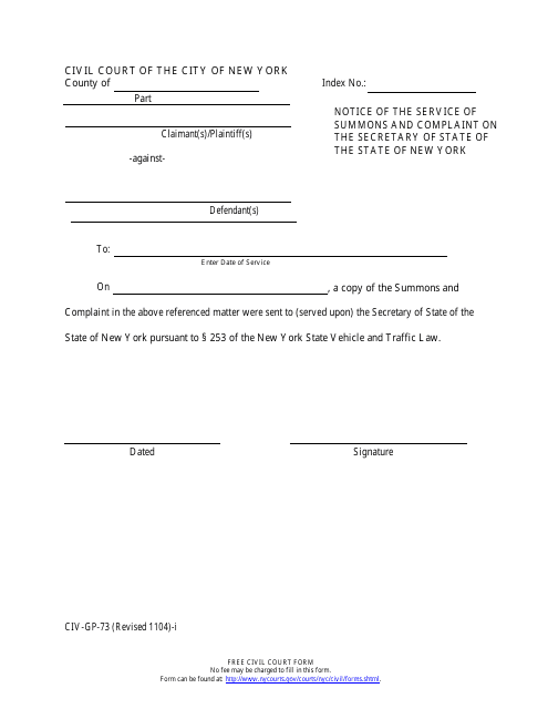 Form CIV-GP-73-I Notice of the Service of Summons and Complaint on the Secretary of State of the State of New York - New York City