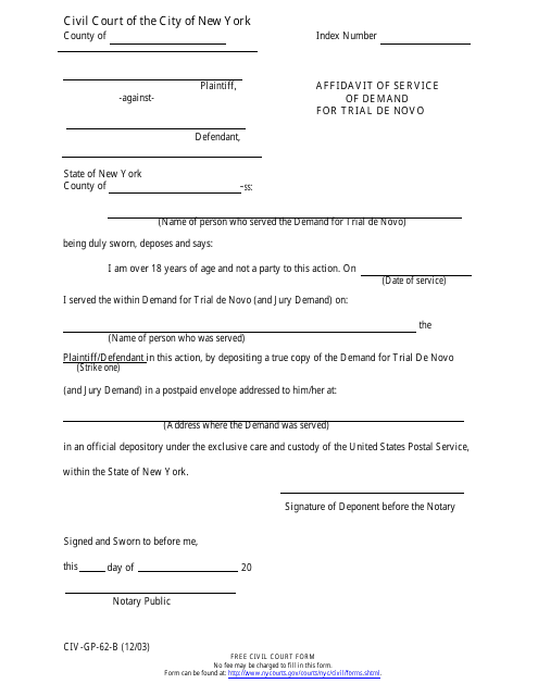 Form CIV-GP-62-B Affidavit of Service of Demand for Trial De Novo - New York City