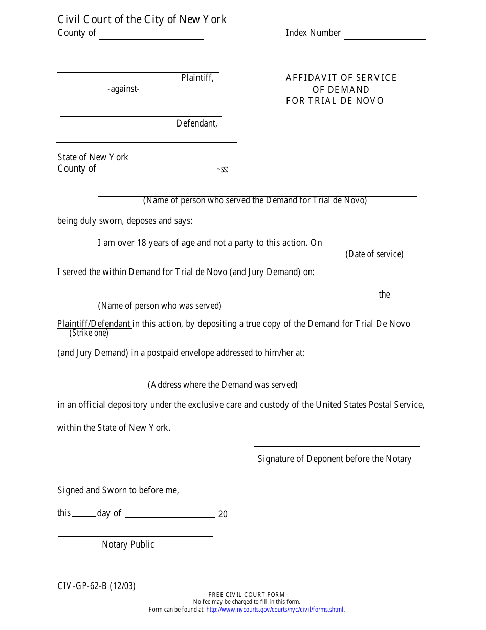 Form CIV-GP-62-B Affidavit of Service of Demand for Trial De Novo - New York City, Page 1