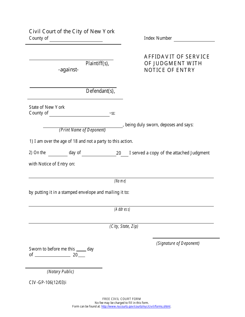 Form CIV-GP-106 Affidavit of Service of Judgment With Notice of Entry - New York City, Page 1