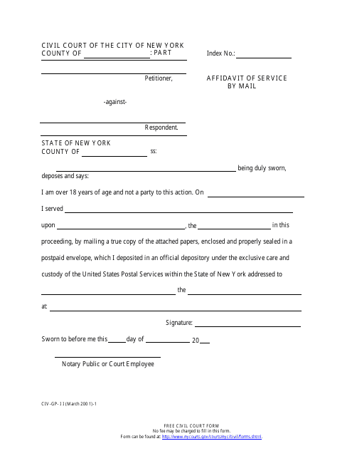Form CIV-GP-11-1 Affidavit of Service by Mail - New York