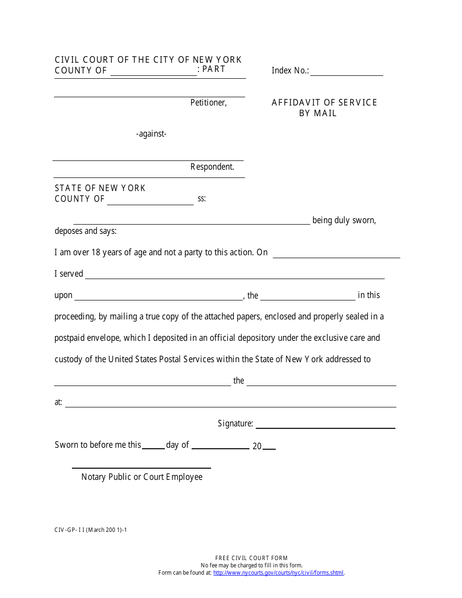 Form CIV-GP-11-1 Affidavit of Service by Mail - New York, Page 1