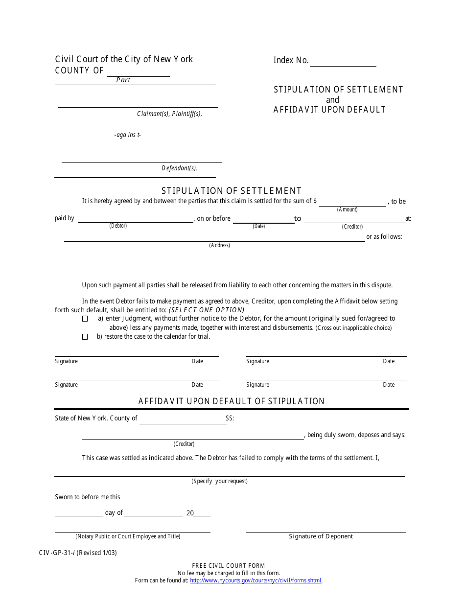 Form CIV-GP-31 Stipulation of Settlement and Affidavit Upon Default - New York City, Page 1