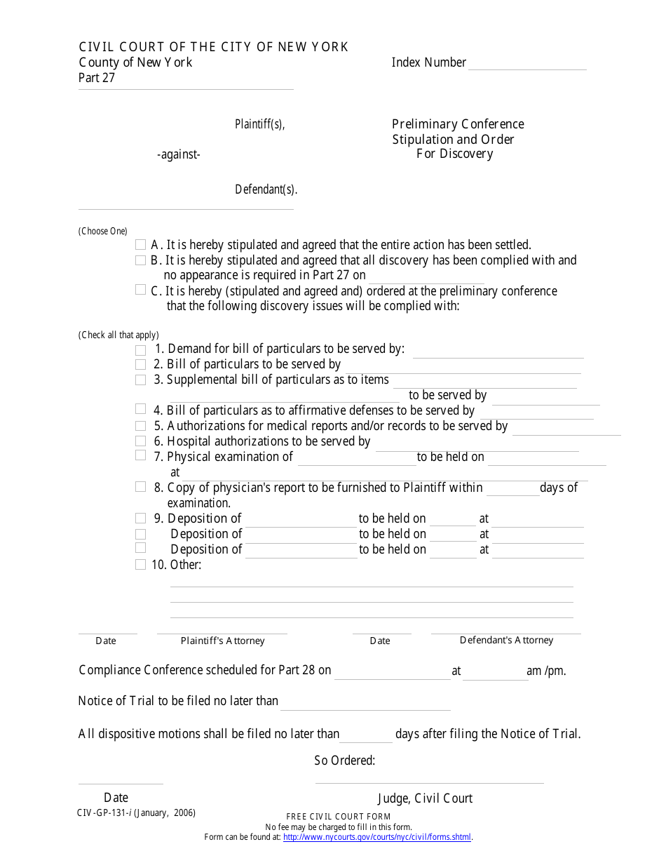 Form 131 Preliminary Conference Stipulation and Order for Discovery - County of New York, New York City, Page 1