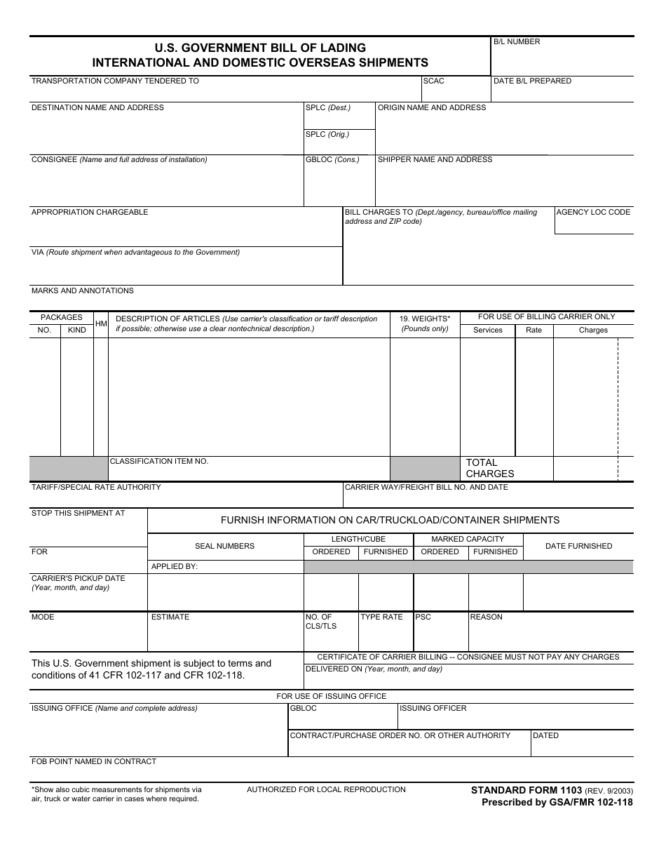 Form SF-1103 U.S. Government Bill of Lading International and Domestic Overseas Shipments, Page 1
