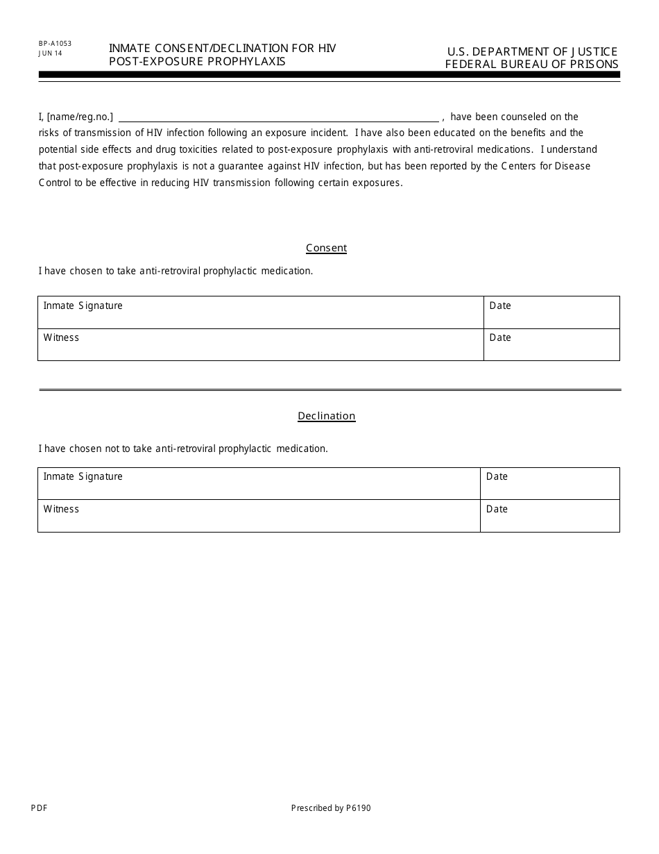 Form BP-A1053 Inmate Consent / Declination for HIV Post-exposure Prophylaxis, Page 1