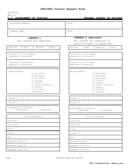 Form BP-A1054 Trulincs Contact Request Form