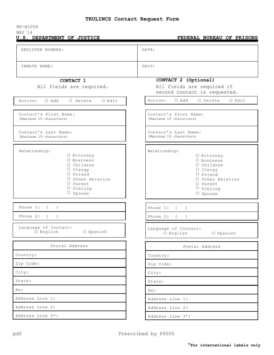 Form BP-A1054 - Fill Out, Sign Online and Download Fillable PDF ...