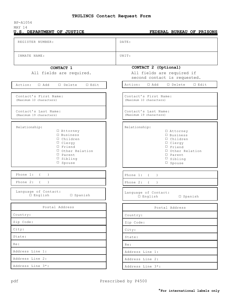 Form BP-A1054 Trulincs Contact Request Form, Page 1