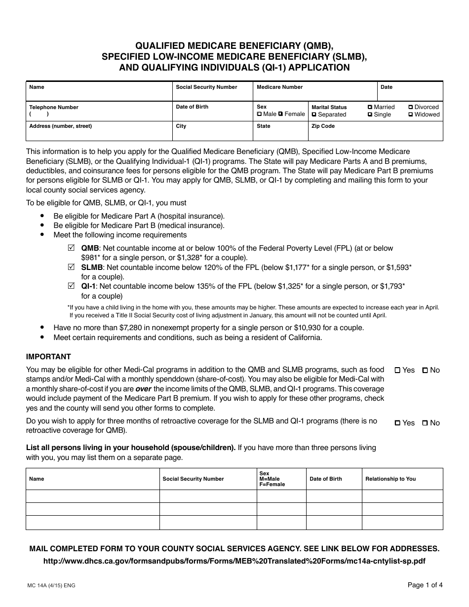 Form MC14A Qualified Medicare Beneficiary (Qmb), Specified Low-Income Medicare Beneficiary (Slmb), and Qualifying Individuals (Qi-1) Application - California, Page 1