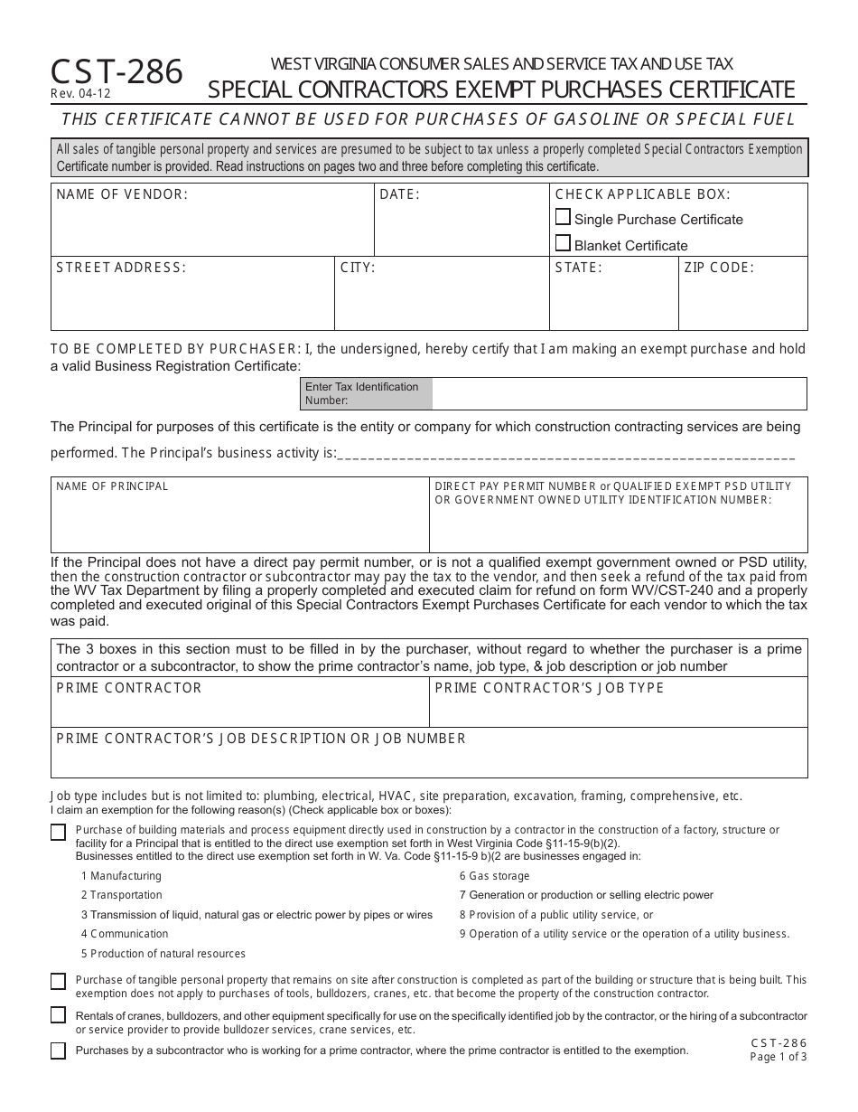 Form CST-286 Special Contractors Exempt Purchases Certificate - West Virginia, Page 1