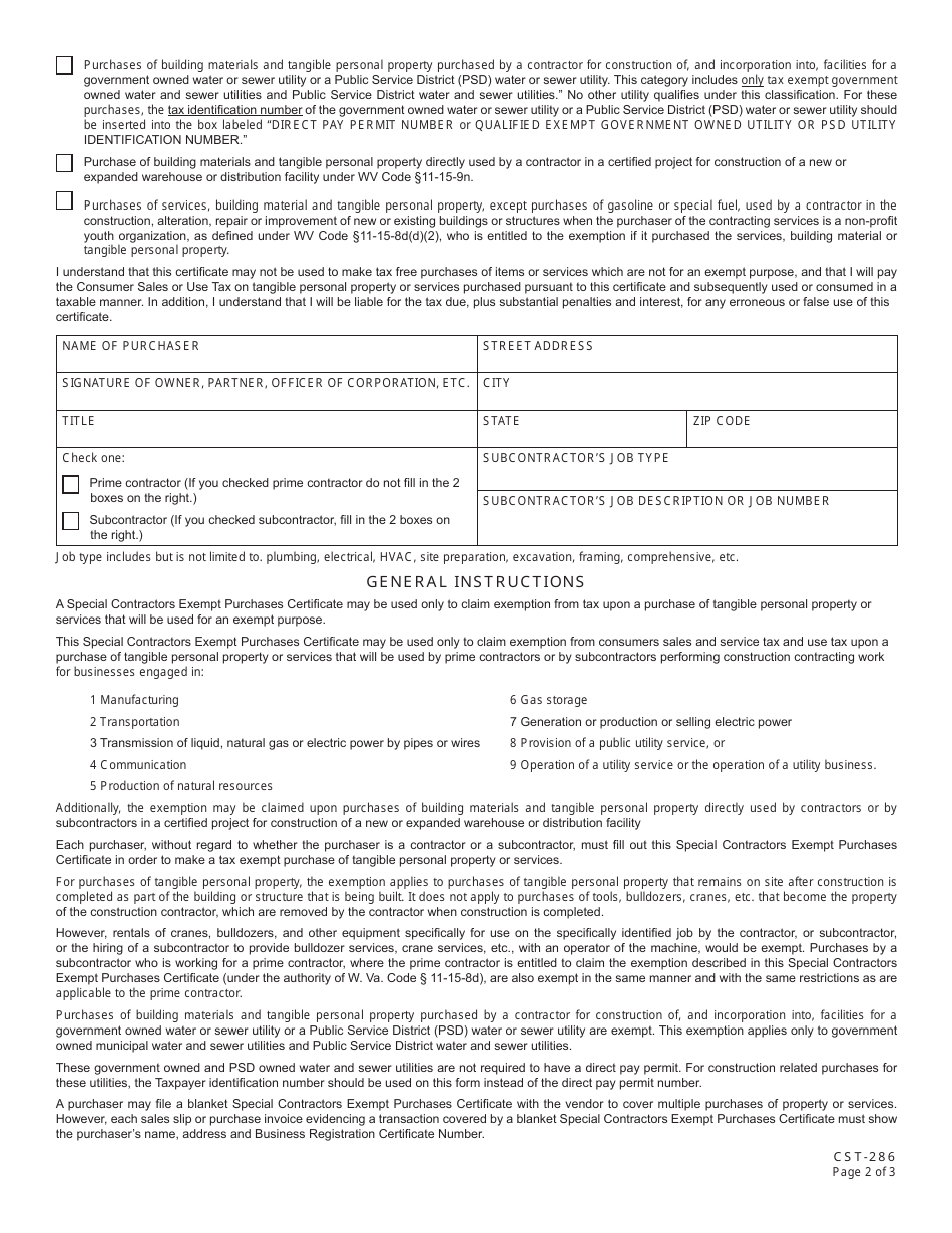 Form CST-286 Special Contractors Exempt Purchases Certificate - West Virginia, Page 2