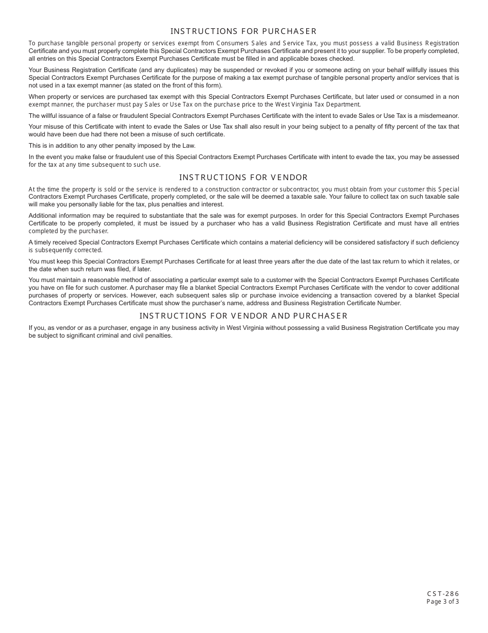 Form CST-286 Special Contractors Exempt Purchases Certificate - West Virginia, Page 3
