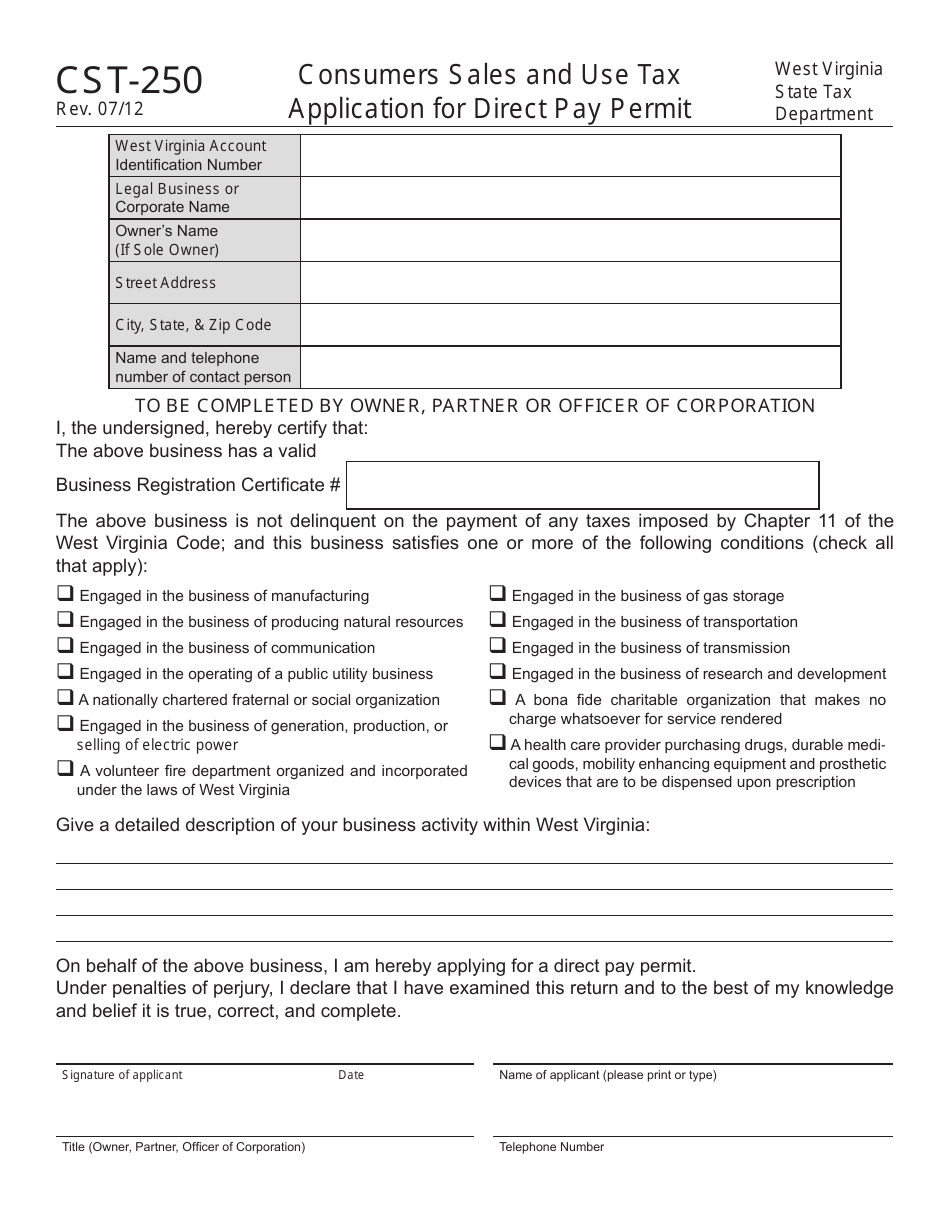Form CST-250 Consumers Sales and Use Tax Application for Direct Pay Permit - West Virginia, Page 1