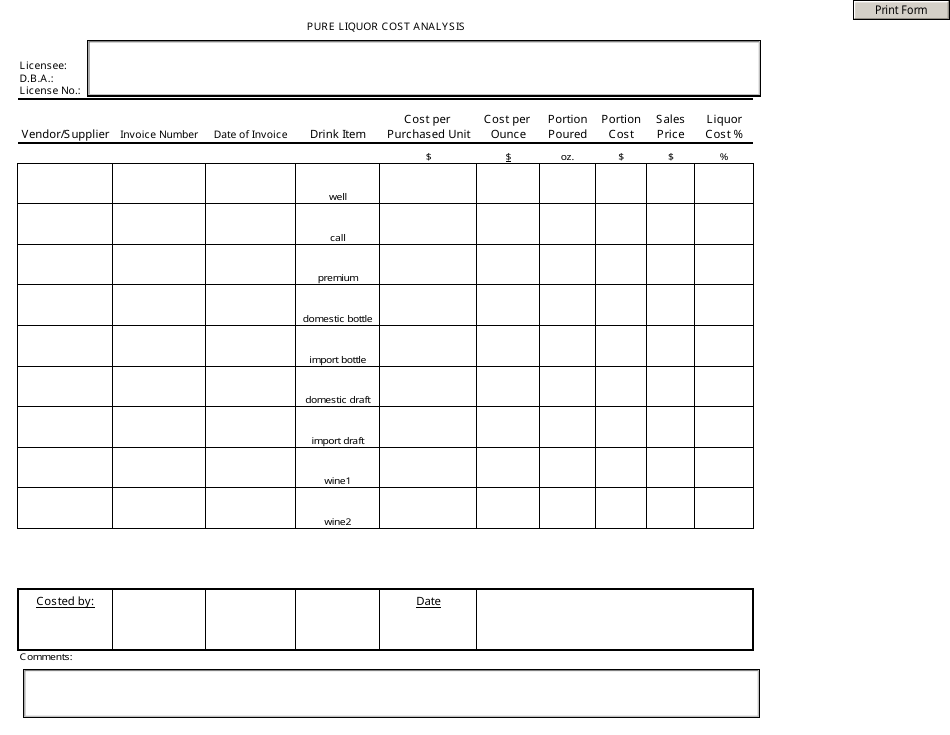 Pure Liquor Cost Analysis Form - Arizona, Page 1