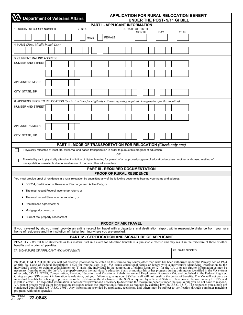 VA Form 22-0848 Application for Rural Relocation Benefit Under the Post- 9 / 11 Gi Bill, Page 2