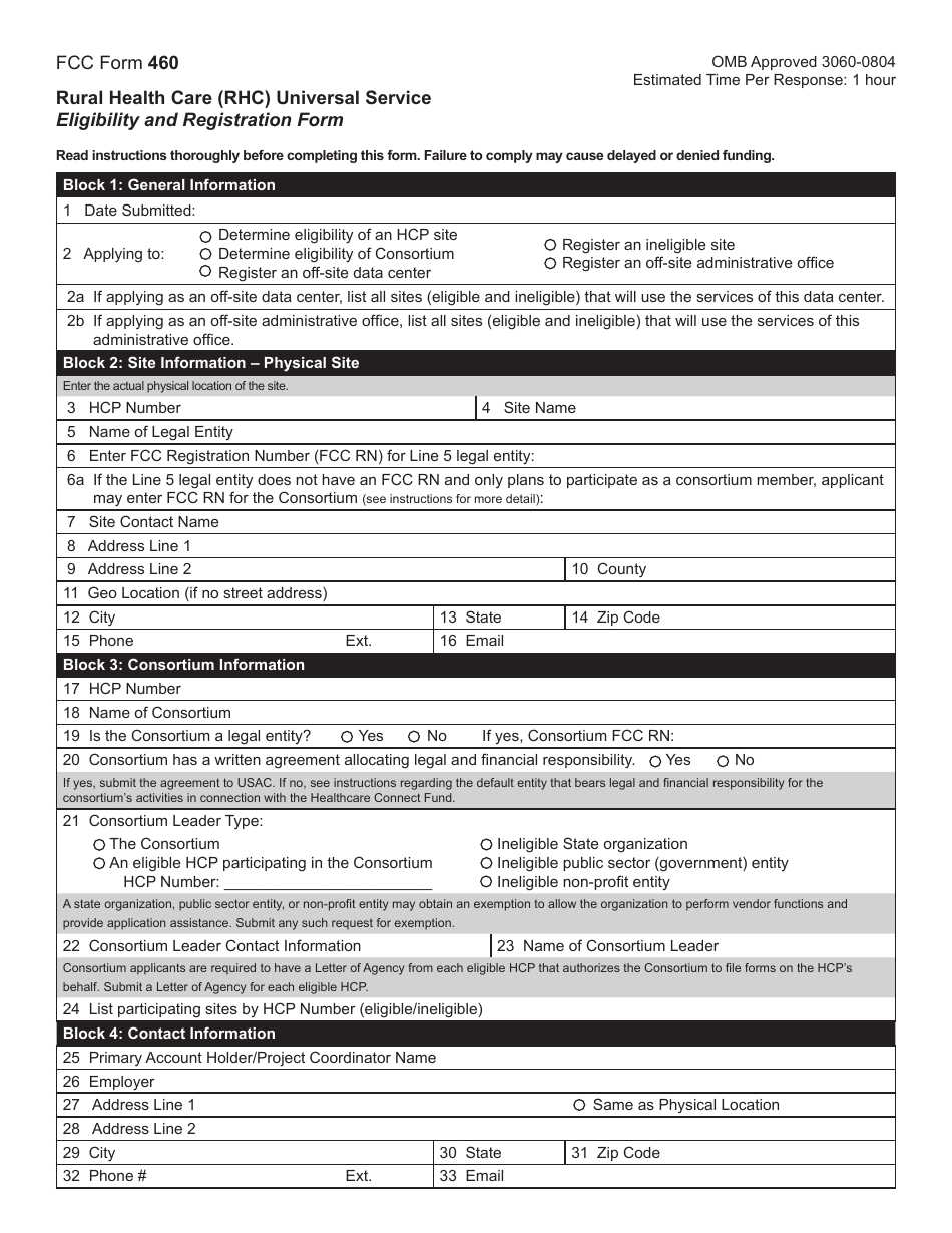 FCC Form 460 Rural Health Care (Rhc) Universal Service Eligibility and Registration Form, Page 1