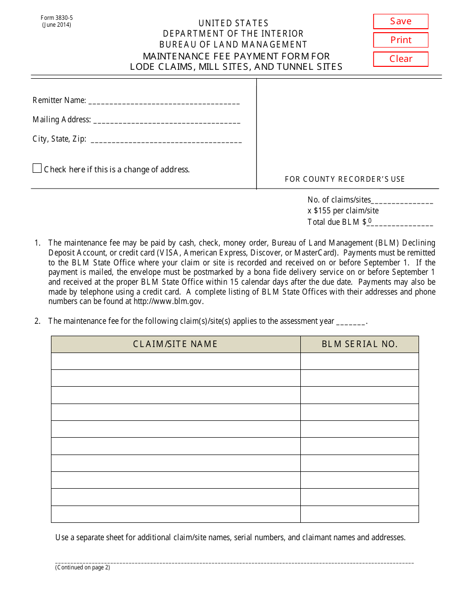 BLM Form 3830-5 Maintenance Fee Payment Form for Lode Claims, Mill Sites, and Tunnel Sites, Page 1