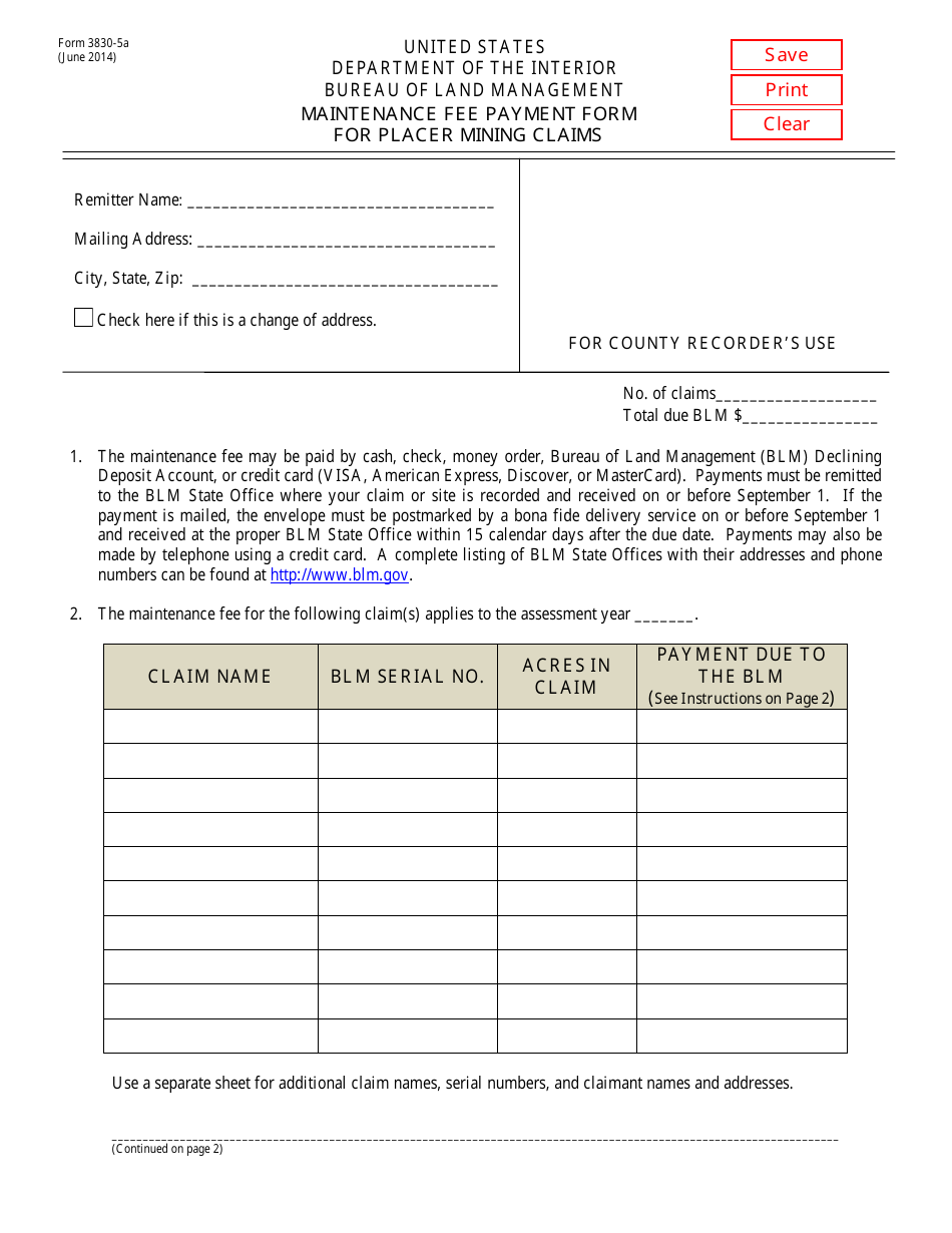 BLM Form 3830-5a Maintenance Fee Payment Form for Placer Mining Claims, Page 1
