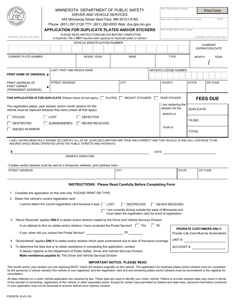 Form PS2067B-16 Application for Duplicate Plates and / or Stickers - Minnesota, Page 1